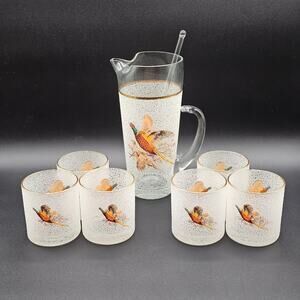 Vintage Pebble Rock Martini Pitcher Set Pheasant Gold Rim 6 Glasses Stirrer 50s